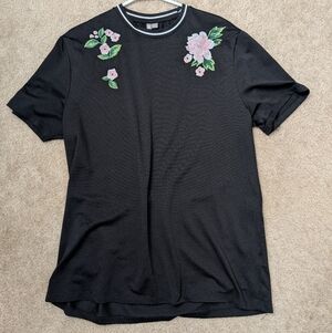 Black Tee with Pink Floral Embroidery